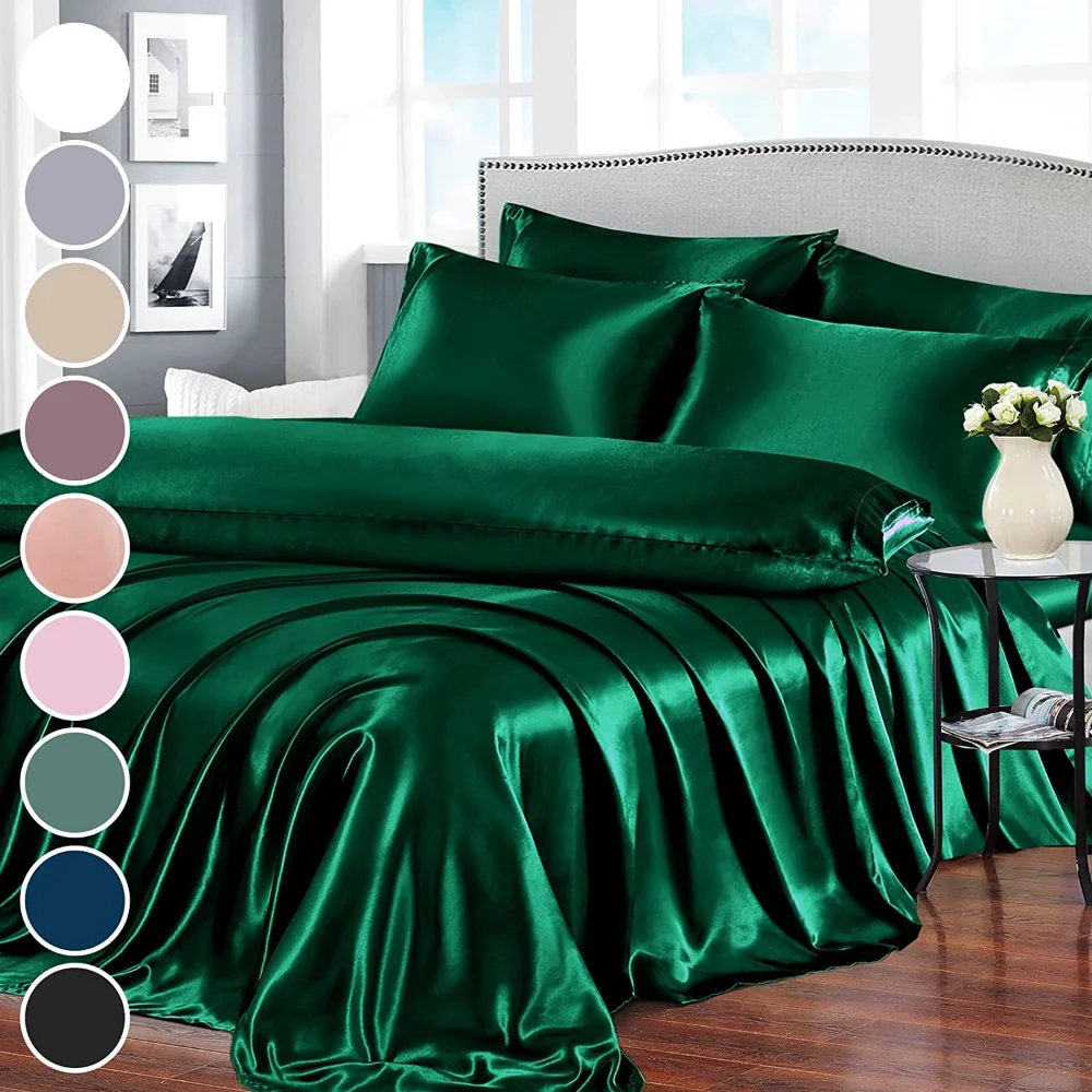 Homiest Satin Sheet Set, Cal King, 7-piece, Blackish Green
