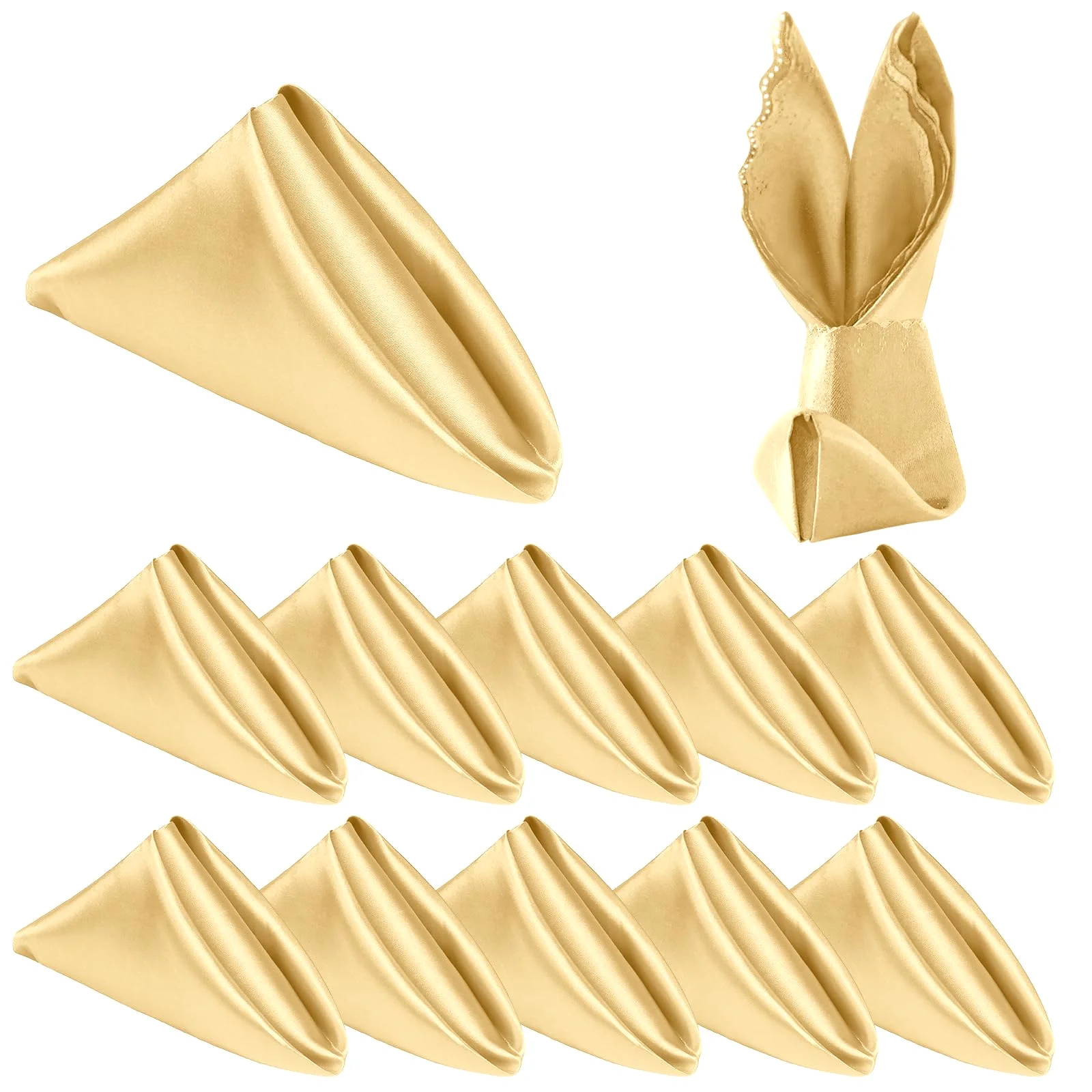 Gold 17 inch satin napkins, folded three ways
