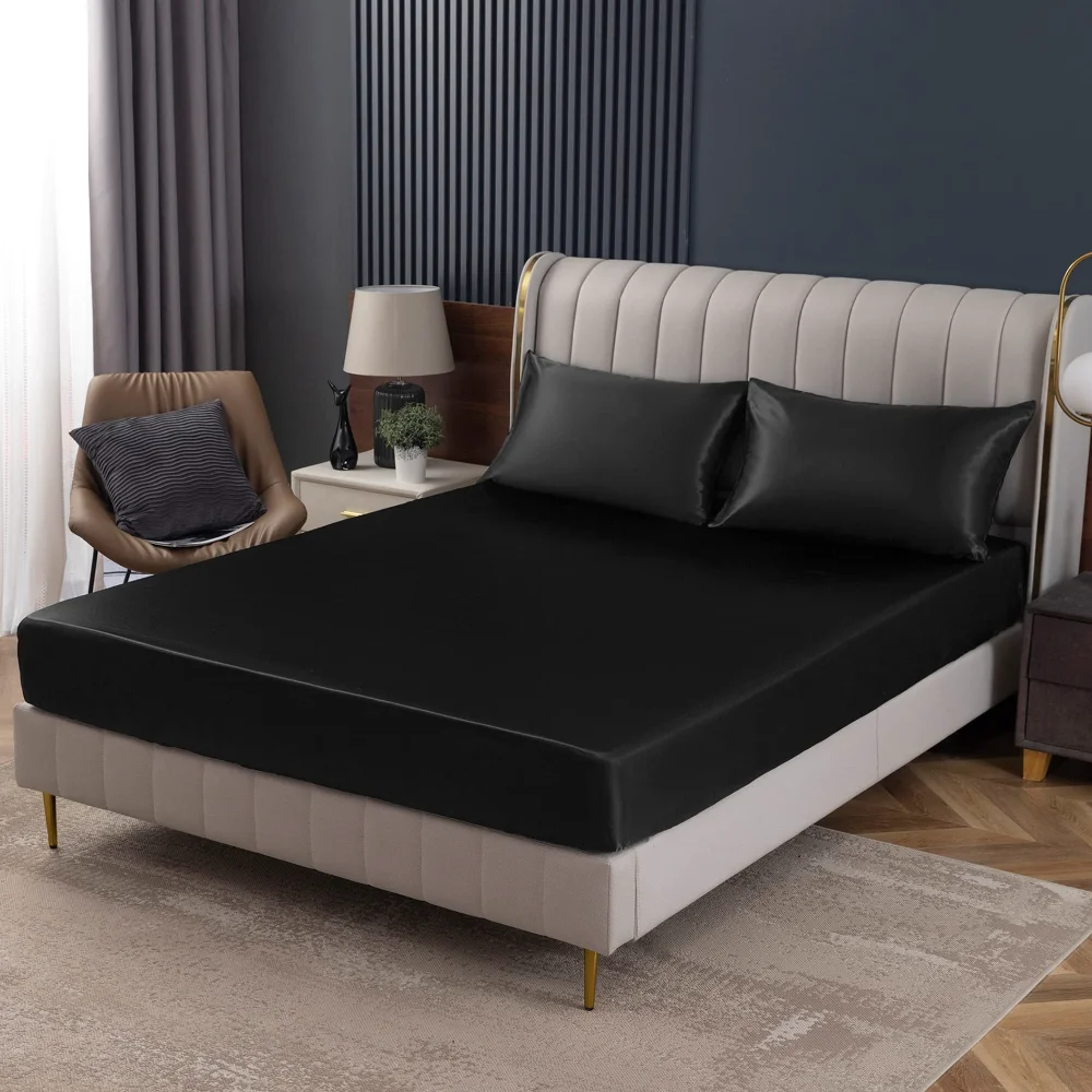 Homiest Satin Fitted Sheet, Twin, Black